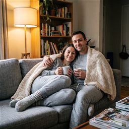 Hannah and Joe cozy on the sofa
