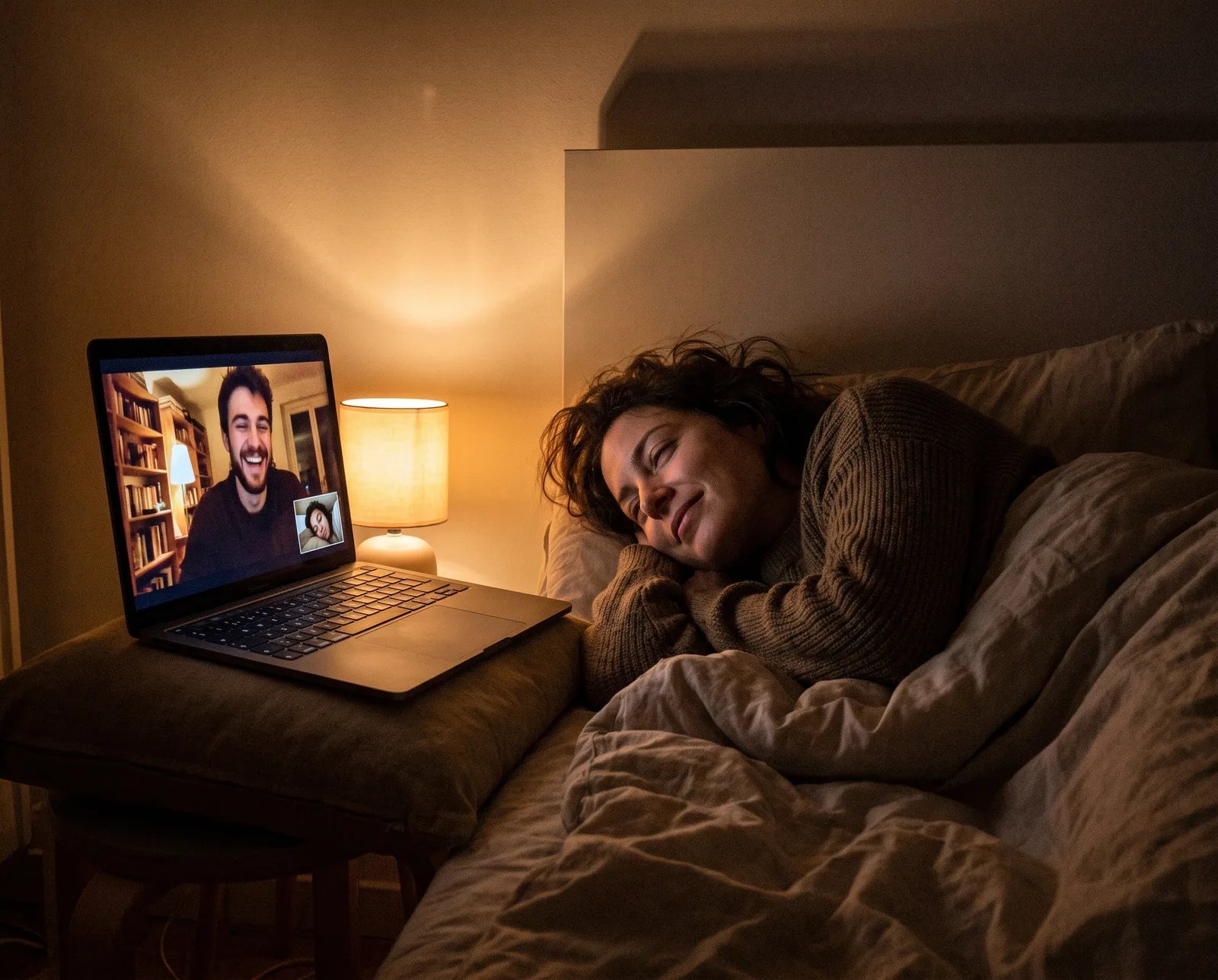 She falls asleep smiling on a video call with him — the goodnight call, from anywhere
